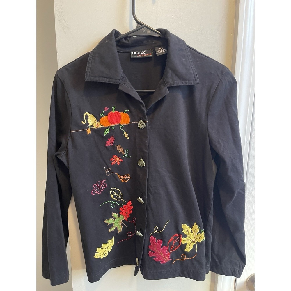Onque Casuals Black Embroidered Fall Pumpkin Leaf Cat Button Front Jacket Small
